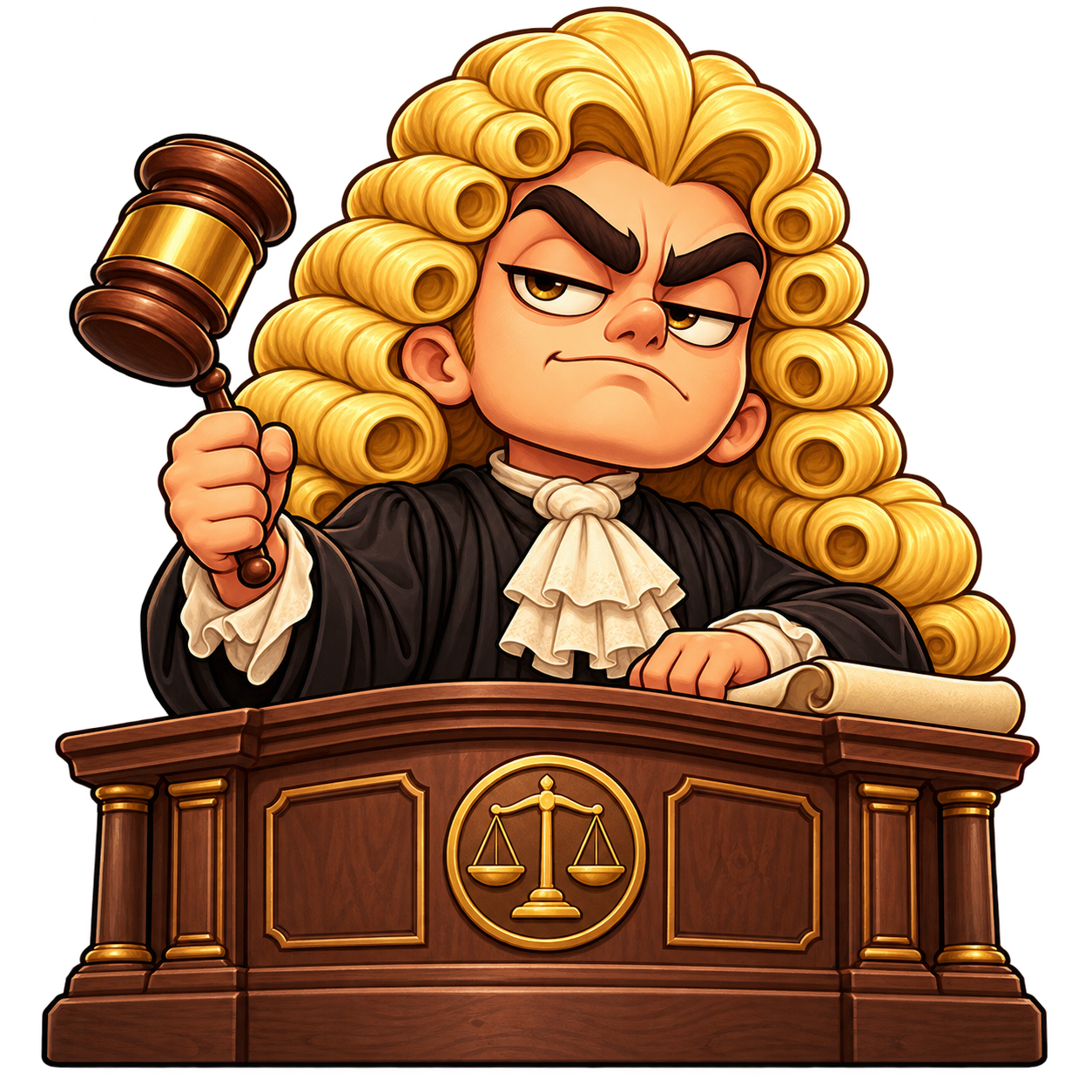 Cartoon judge with a giant golden wig holding a gavel at his bench
